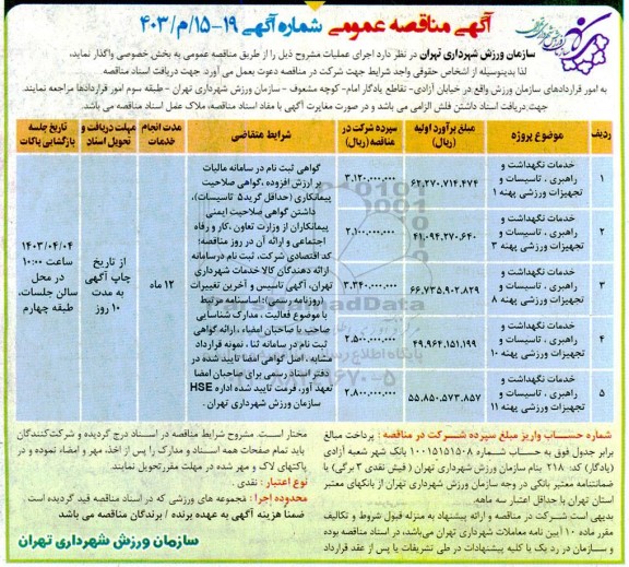 مناقصه خدمات نگهداشت و راهبری، تاسیسات و تجهیزات..