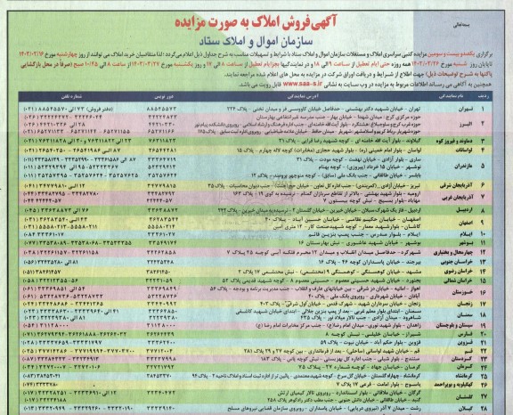 مزایده یکصد و بیست و سومین مزایده کتبی سراسری املاک و مستغلات 