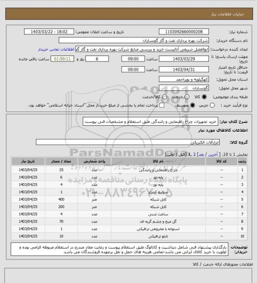 استعلام خرید تجهیزات چراغ راهنمایی و رانندگی طبق استعلام و مشخصات فنی پیوست