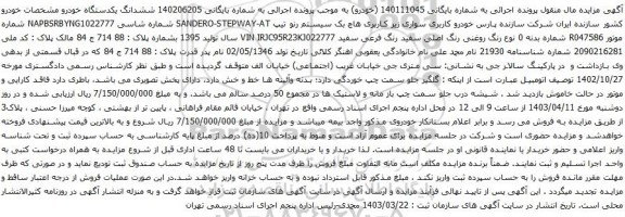 آگهی مزایده هاچ بک سیستم رنو تیپ SANDERO-STEPWAY-