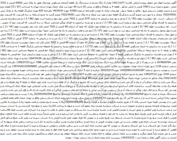 آگهی مزایده مقدار 3 دانگ مشاع از ششدانگ یک قطعه آپارتمان مسکونی نوع ملک طلق به پلاک ثبتی 45052 فرعی از 7022 اصلی