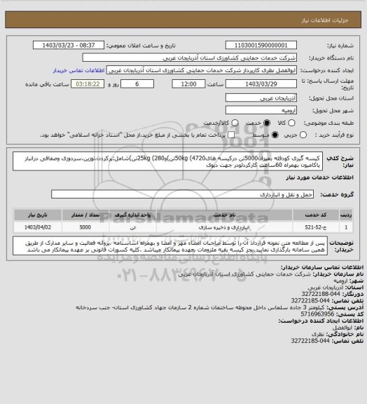 استعلام کیسه گیری کودفله بمیزان5000تن درکیسه های50kg (4720تن)و25kg (280تن)شامل:پرکردن،توزین،سردوزی وصفافی درانبار یاکامیون بهمراه 60ساعت کارکردلودر جهت دپوی