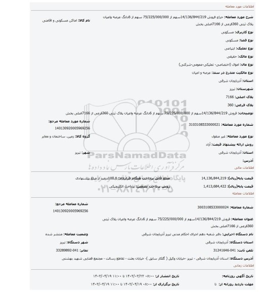 فروش 14/136/844/219سهم از 75/225/000/000 سهم از 6دانگ عرصه واعیان پلاک ثبتی 360فرعی از 7166اصلی بخش