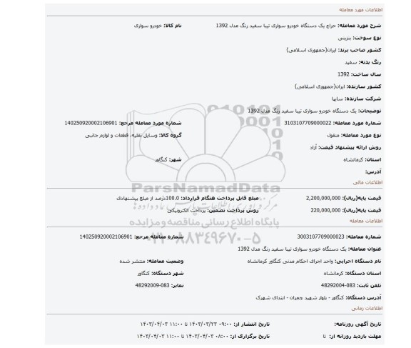 یک دستگاه خودرو سواری تیبا سفید رنگ مدل 1392