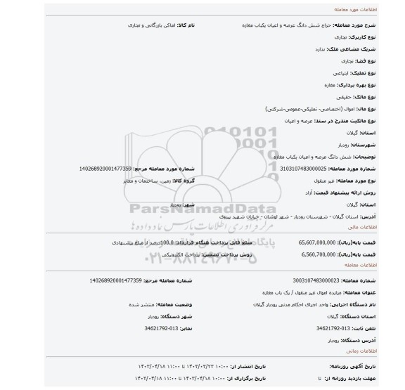 شش دانگ عرصه و اعیان یکباب مغازه