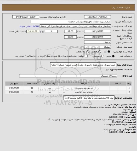استعلام خرید اسپری خوشبوکننده و اسپری حشره کش با تسویه حساب 4 ماهه