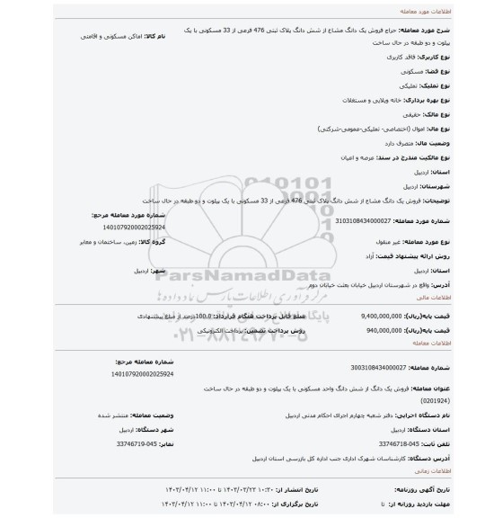 فروش یک دانگ مشاع از شش دانگ پلاک ثبتی 476 فرعی  از 33   مسکونی با یک پیلوت و دو طبقه در حال ساخت