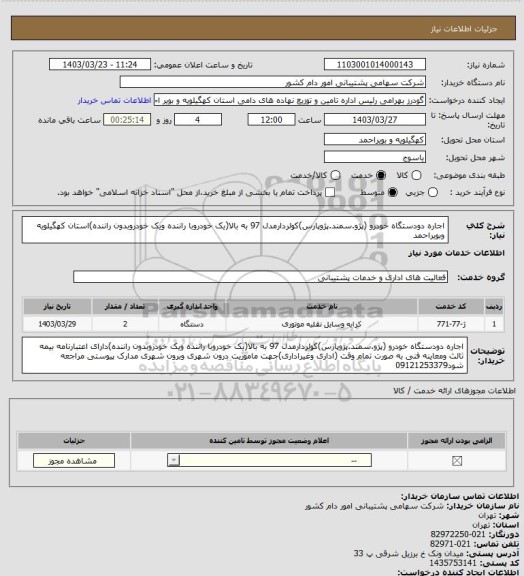 استعلام اجاره دودستگاه خودرو (پژو.سمند.پژوپارس)کولردارمدل 97 به بالا(یک خودروبا راننده ویک خودروبدون راننده)استان کهگیلویه وبویراحمد