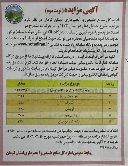 مزایده چوب (گز، تاغ، کهور، اکالیپتوس) و ... نوبت دوم