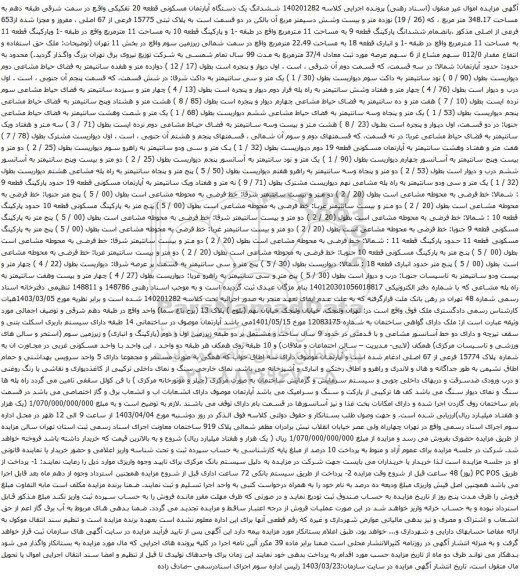 آگهی مزایده ششدانگ یک دستگاه آپارتمان مسکونی قطعه 20 تفکیکی