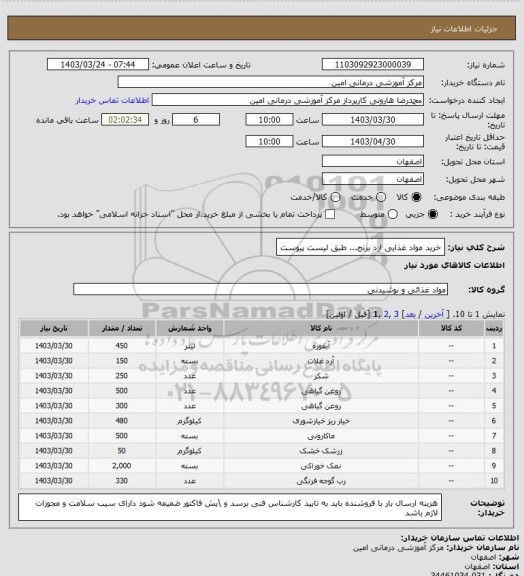 استعلام خرید مواد غذایی ارد برنج... طبق لیست پیوست