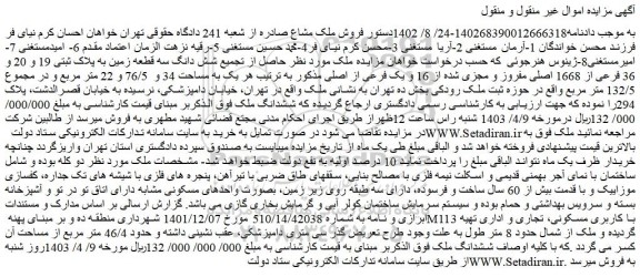 مزایده فروش ملک حاصل از تجمیع شش دانگ سه قطعه زمین به پلاک ثبتی 19 و 20 و 36 فرعی از 1668 اصلی مفروز و مجزی شده از 16 و یک فرعی از اصلی