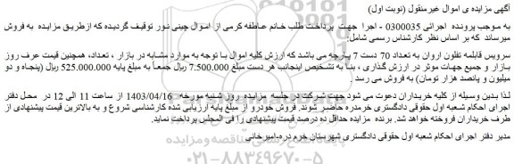 مزایده فروش سرویس قابلمه تفلون اروان به تعداد 70 دست 7 پارچه
