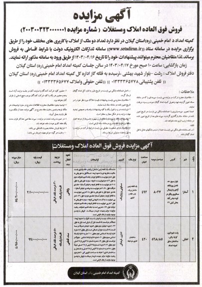 مزایده فروش املاک و مستغلات با کاربریهای مختلف