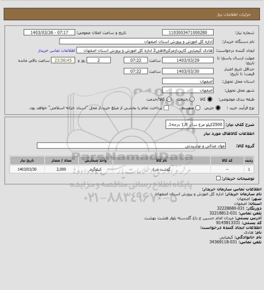 استعلام 2500کیلو مرغ سایز 1.8 درجه1.