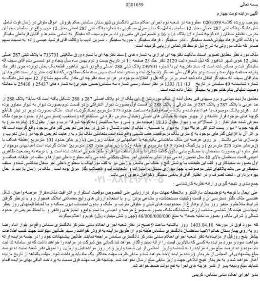 مزایده فروش شش دانگ پلاک ثبتی 287 اصلی