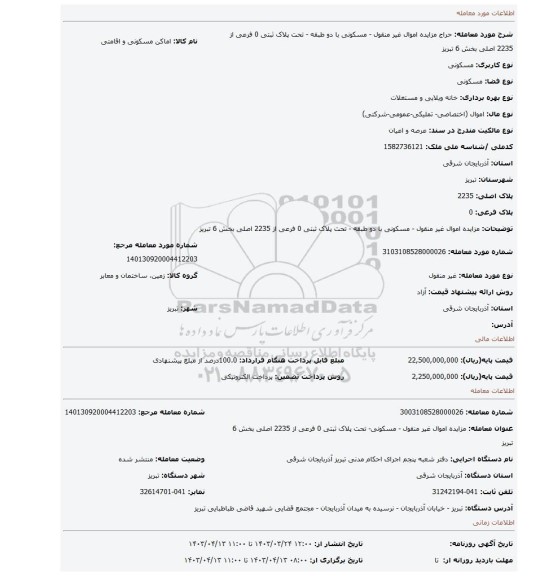 مزایده اموال غیر منقول - مسکونی با دو طبقه - تحت پلاک ثبتی 0 فرعی از 2235 اصلی بخش 6 تبریز