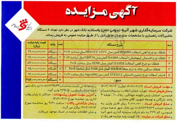 مزایده فروش تعداد 6 دستگاه ماشین آلات راهسازی