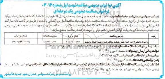 مناقصه واگذاری بخشی از امور حمل و نقل 