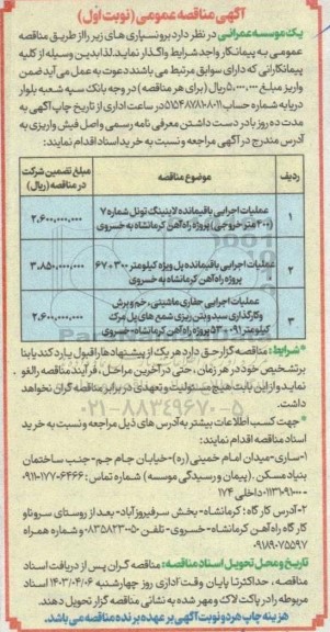 مناقصه عملیات اجرایی باقیمانده لاینینگ تونل 