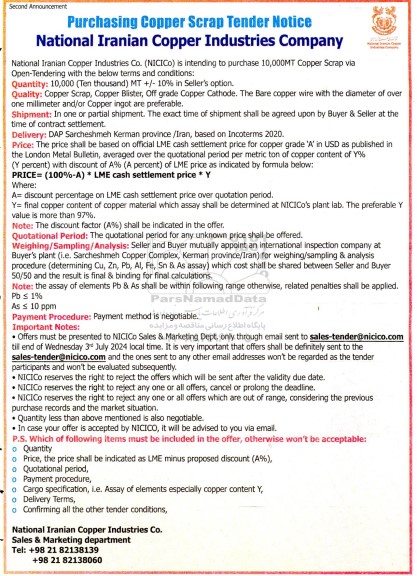 Purchasing Copper Scrap Tender Notice نوبت دوم 