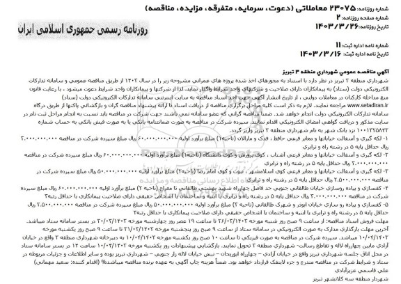 مناقصه لکه گیری و آسفالت خیابانها و معابر فرعی و...