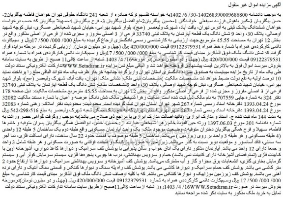مزایده فروش شش دانگ یک قطعه آپارتمان به پلاک ثبتی 33740 فرعی از 3 اصلی مفروز و مجزی شده از فرعی از اصلی