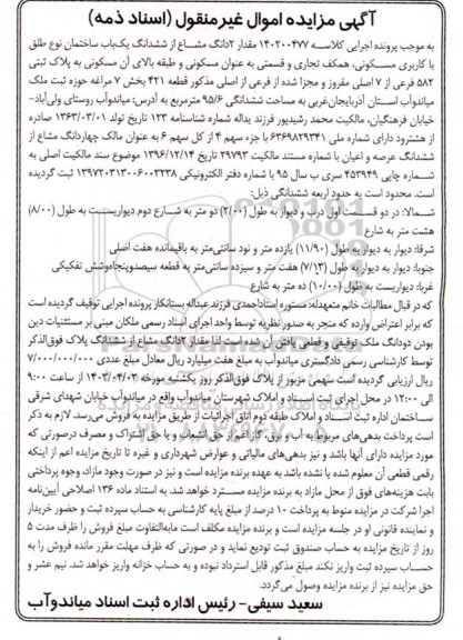 مزایده مقدار2 دانگ مشاع از ششدانگ یک باب ساختمان نوع طلق با کاربری مسکونی