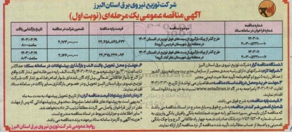 مناقصه طرح گذر از پیک بارگیری از پست های فوق توزیع..