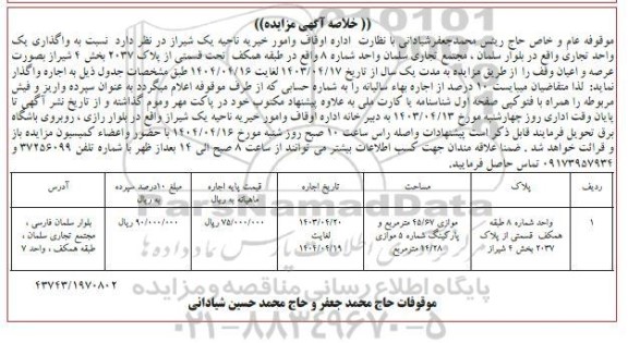 مزایده واگذاری به اجاره یک واحد تجاری