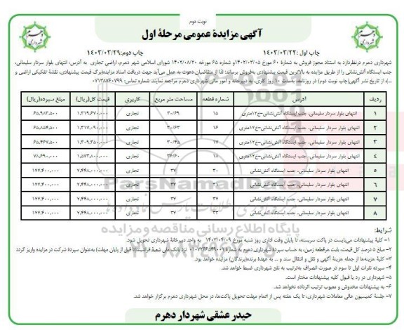 مزایده فروش اراضی تجاری مرحله اول نوبت دوم