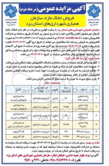 مزایده فروش شش ملک شامل واحد تجاری و زمین باغ ویلا - مرحله دوم 
