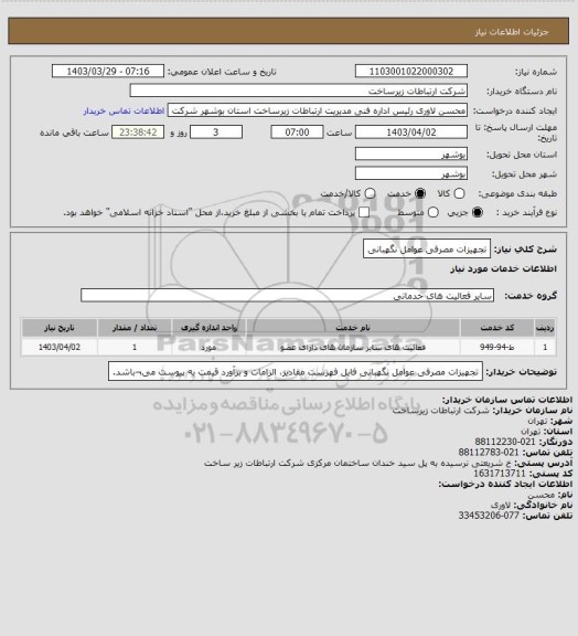 استعلام تجهیزات مصرفی عوامل نگهبانی