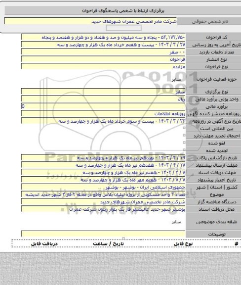 مزایده, تعداد ۳ واحد مسکونی از بروژه لیلیان بلاس واقع در محله ۲ فاز ۴ شهر جدید اندیشه