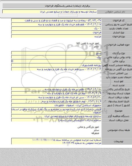 مزایده, فروش درختان کاج خشکیده موجود در مجتمع سنگ آهک پیربکران واقع در استان اصفهان