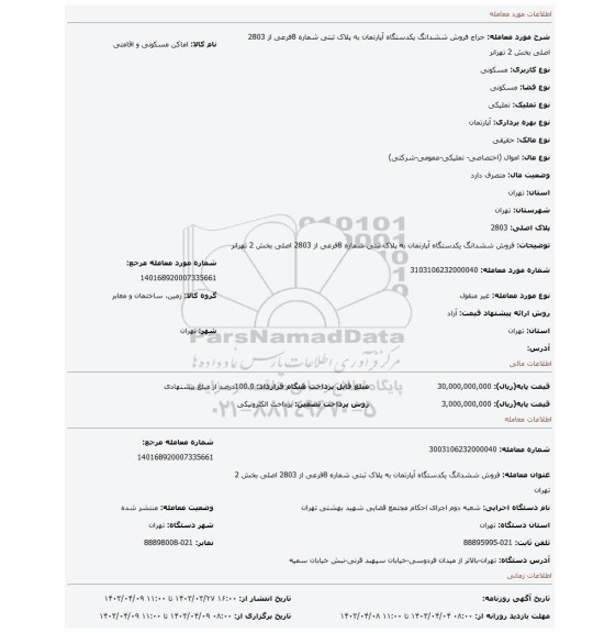 فروش ششدانگ یکدستگاه آپارتمان به پلاک ثبتی شماره 8فرعی از 2803 اصلی بخش 2 تهرانر