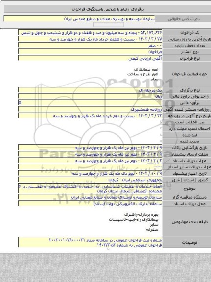 مناقصه, انجام خدمات و عملیات شناسایی٬ پی جویی و اکتشاف عمومی و تفصیلی در ۶ محدوده اکتشافی شمال استان کرمان