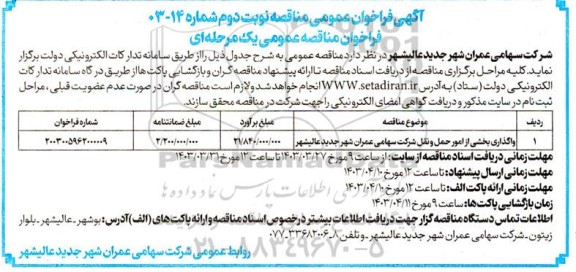 مناقصه واگذاری بخشی از امور حمل و نقل  نوبت دوم