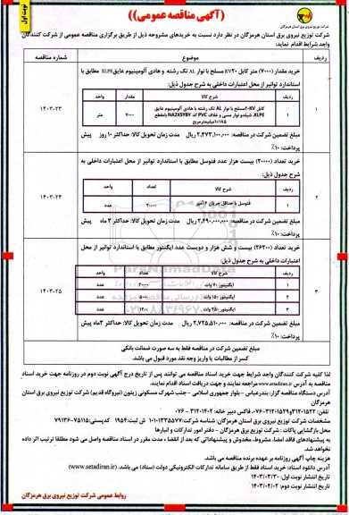 مناقصه خرید مقدار 7000 متر کابل 20KV مسلح با نوار AL...