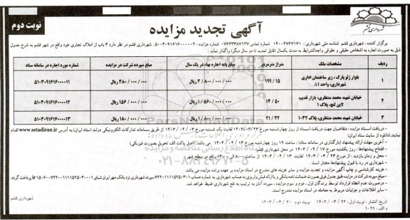 آگهی تجدید مزایده 3 باب از املاک تجاری - نوبت دوم