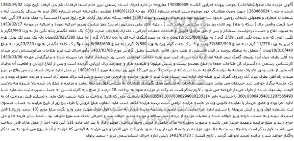 آگهی مزایده مقداری طلاجات
