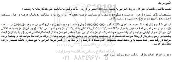 مزایده ملک ارزش 6 دانگ عرصه و اعیان