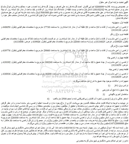 مزایده ششدانگ 14 شبانه روز آب قنات و 48 ساعت از مدار 10 شبانه روز آب چاه عمیق 