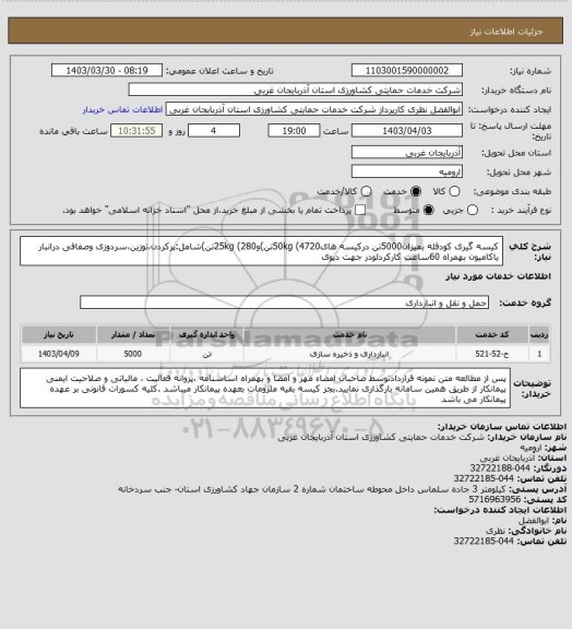 استعلام کیسه گیری کودفله بمیزان5000تن درکیسه های50kg (4720تن)و25kg (280تن)شامل:پرکردن،توزین،سردوزی وصفافی درانبار یاکامیون بهمراه 60ساعت کارکردلودر جهت دپوی