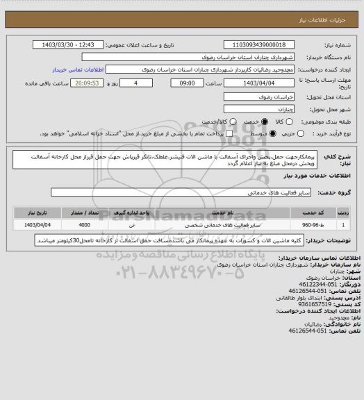 استعلام پیمانکارجهت حمل،پخش واجرای آسفالت با ماشن الات فنیشر،غلطک،تانکر قیرپاش جهت حمل قیراز محل کارخانه آسفالت وپخش درمحل مبلغ به تناز اعلام گردد