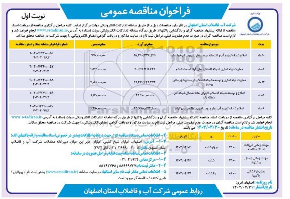 مناقصه اصلاح شبکه توزیع آب و انشعابات روستاهای شهرستان و...