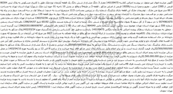 آگهی مزایده مقدار 3 دانگ مشاع از شش دانگ یک قطعه آپارتمان نوع ملک طلق با کاربری مسکونی به پلاک ثبتی 80304 فرعی از 2395 اصلی