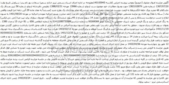 آگهی مزایده ششدانگ یک دستگاه خودروی سواری پراید تیپ صبا (جی .تی.ایکس)