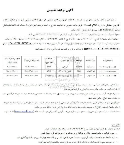 مزایده واگذاری  3 قطعه از زمین های صنعتی در شهرک صنعتی