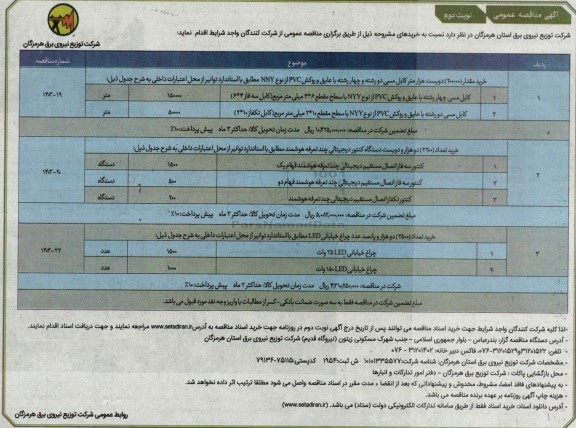 مناقصه خرید مقدار (200000 ) دویست هزار متر کابل مسی دو رشته و چهار.. نوبت دوم 